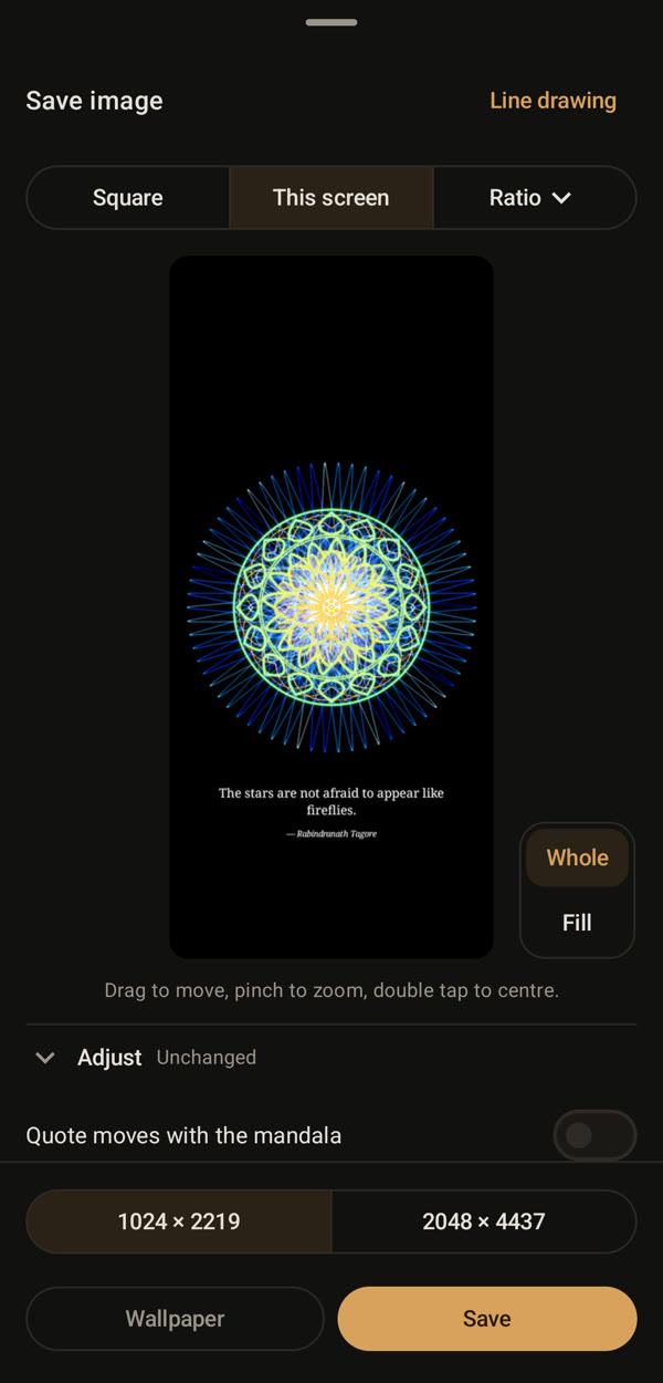 The save sheet with the quote below the mandala