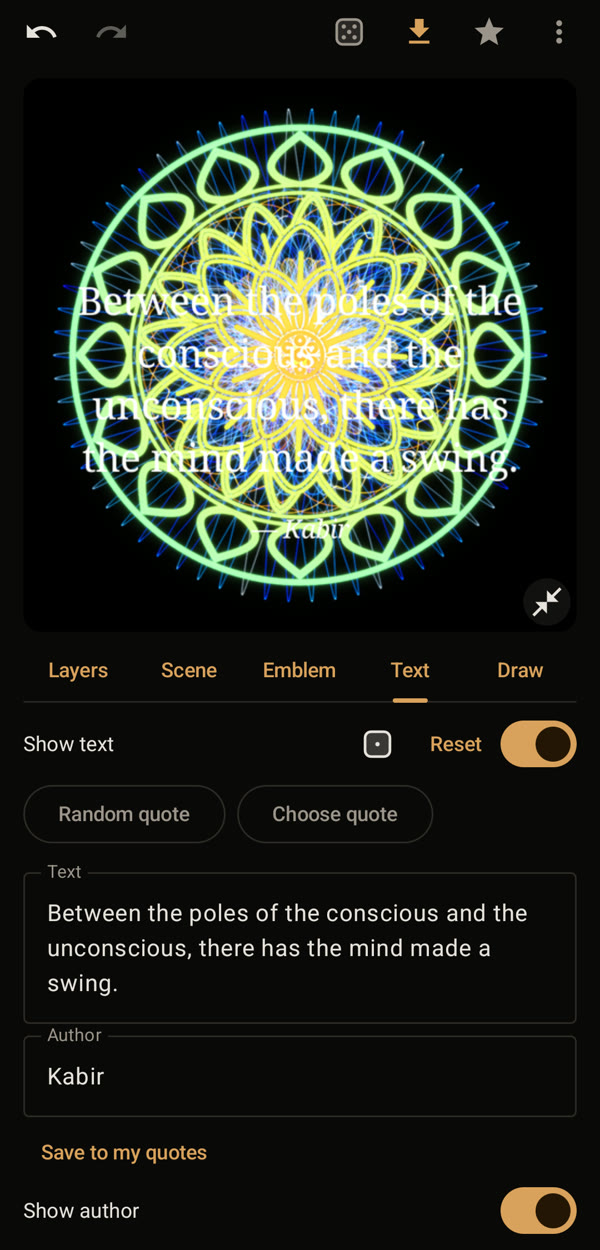 The Text tab with a quote by Kabir