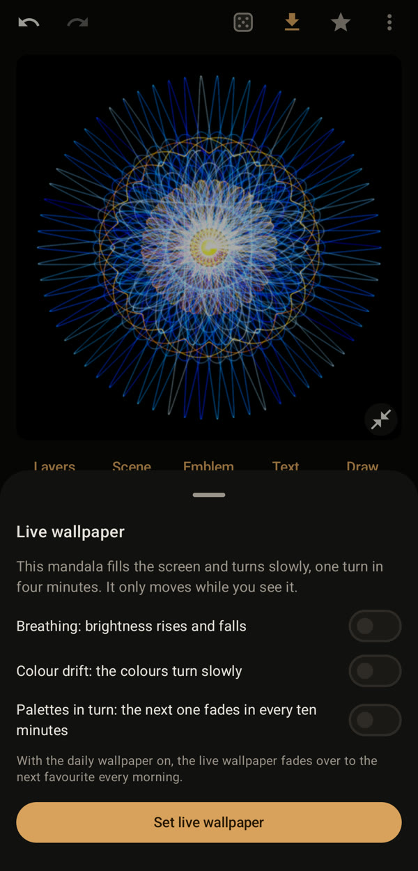 The live wallpaper sheet with its three switches