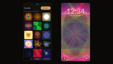 Two phones with Dahlia: the favourites screen and a mandala set as lock screen wallpaper