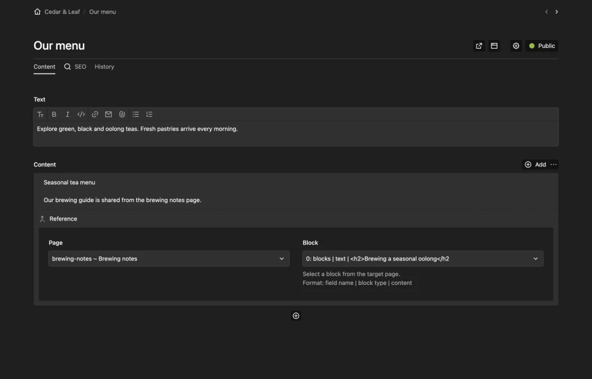 Selecting a reusable block from another page