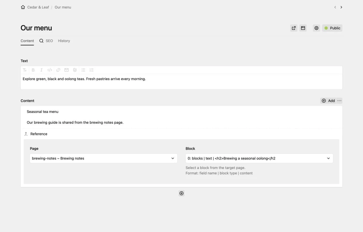 Selecting a reusable block from another page
