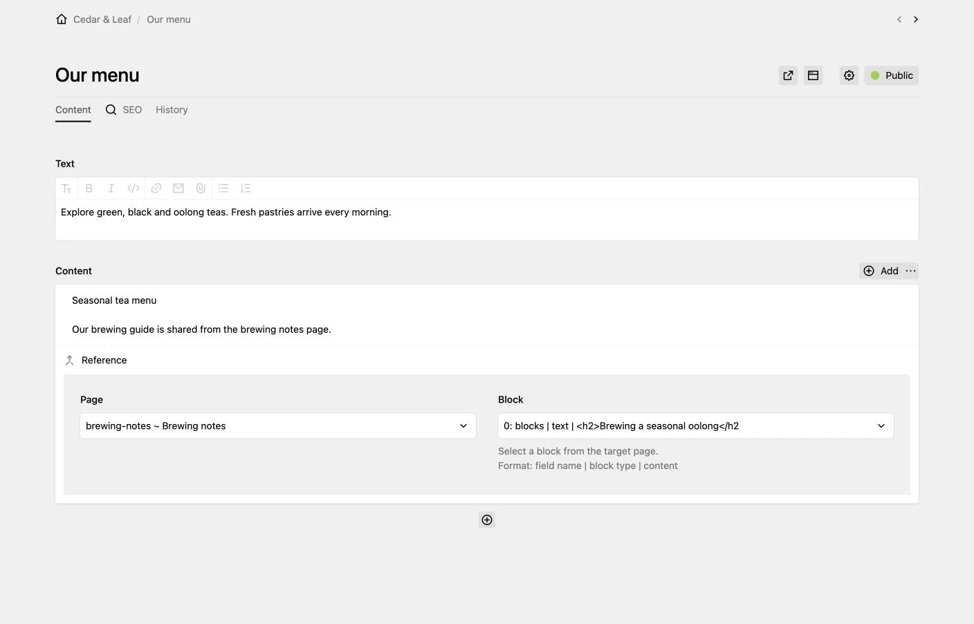 Selecting a reusable block from another page