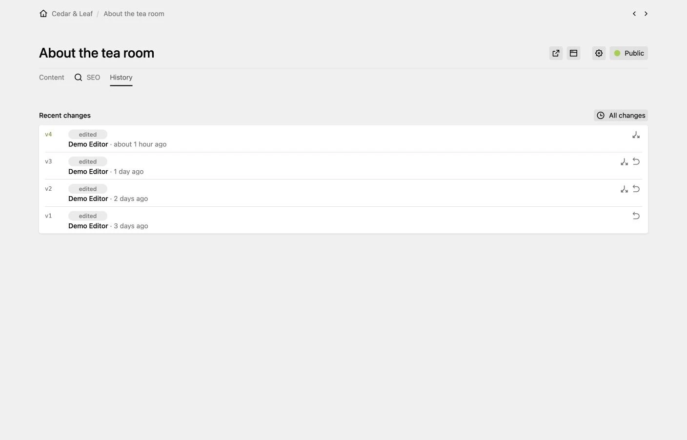 Content history section in the Panel