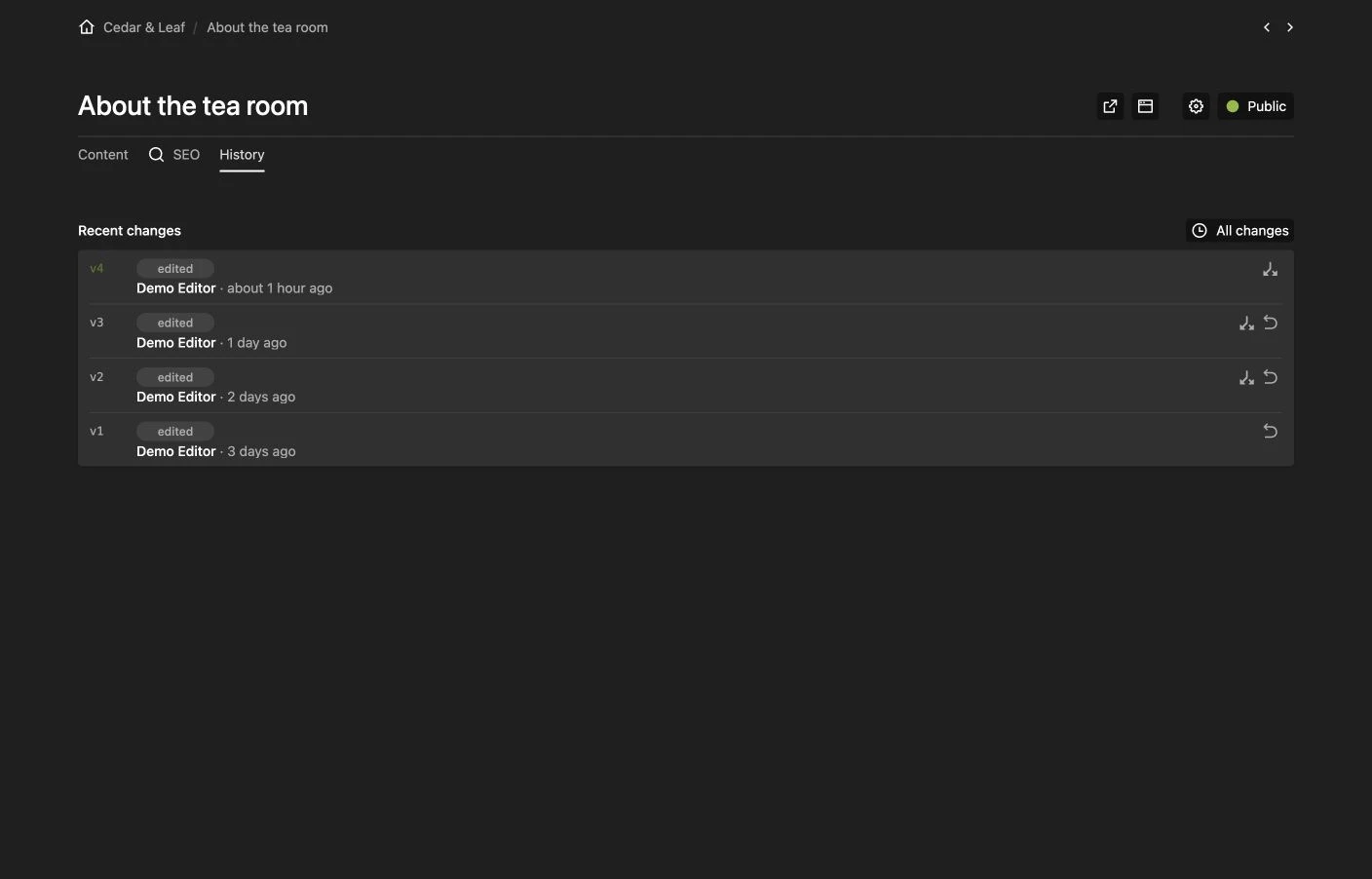 Content history section in the Panel