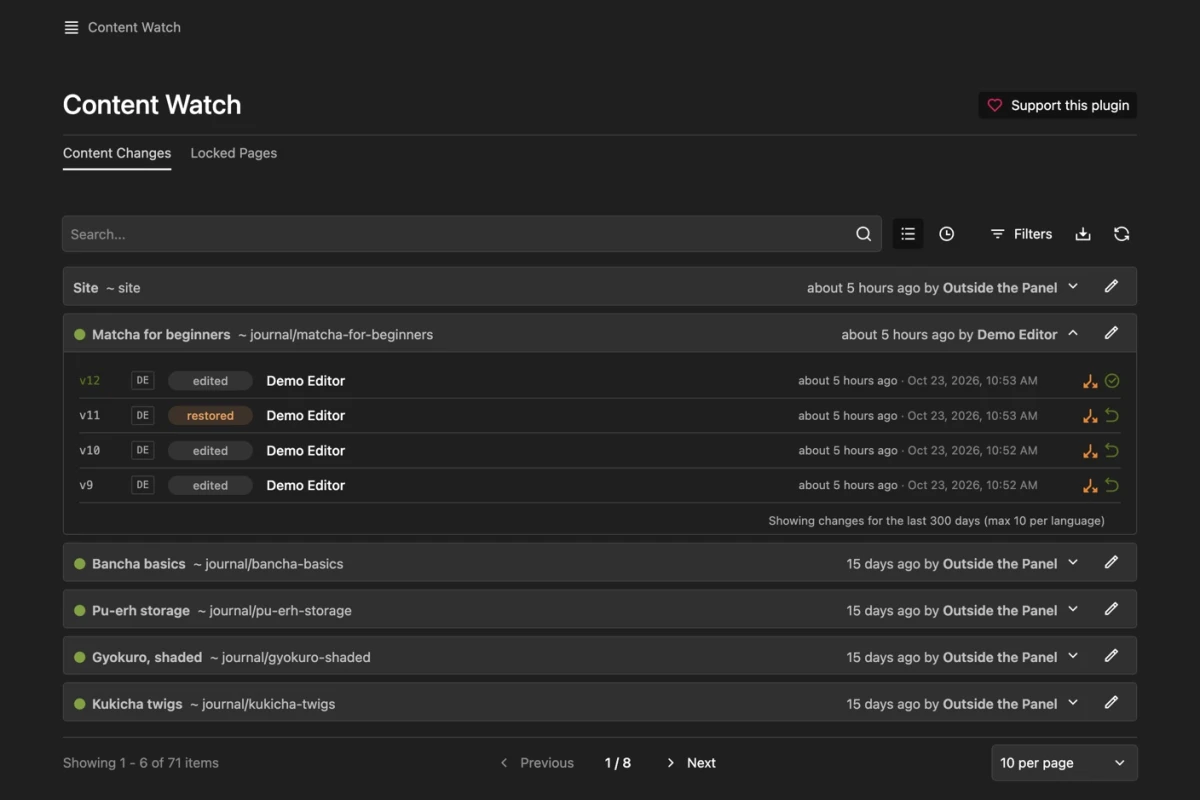 Content Watch page history