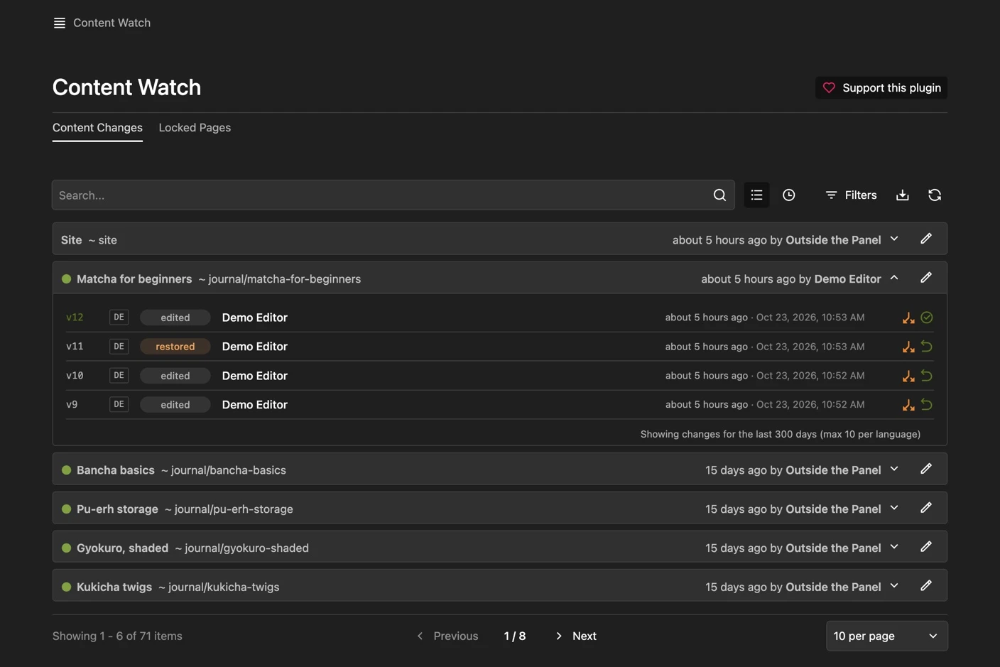 Content Watch page history