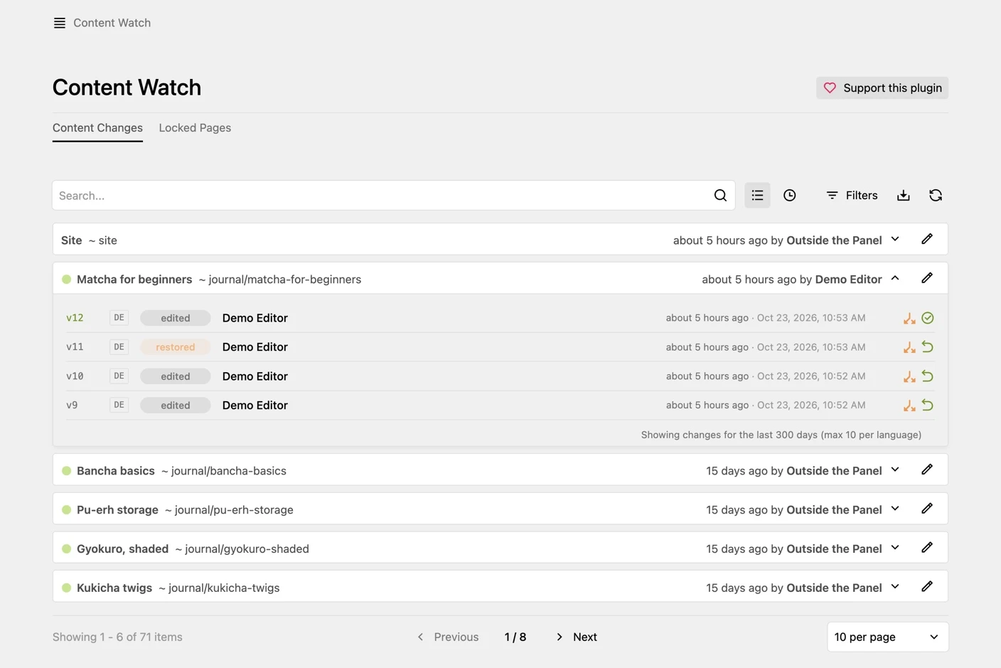 Content Watch page history
