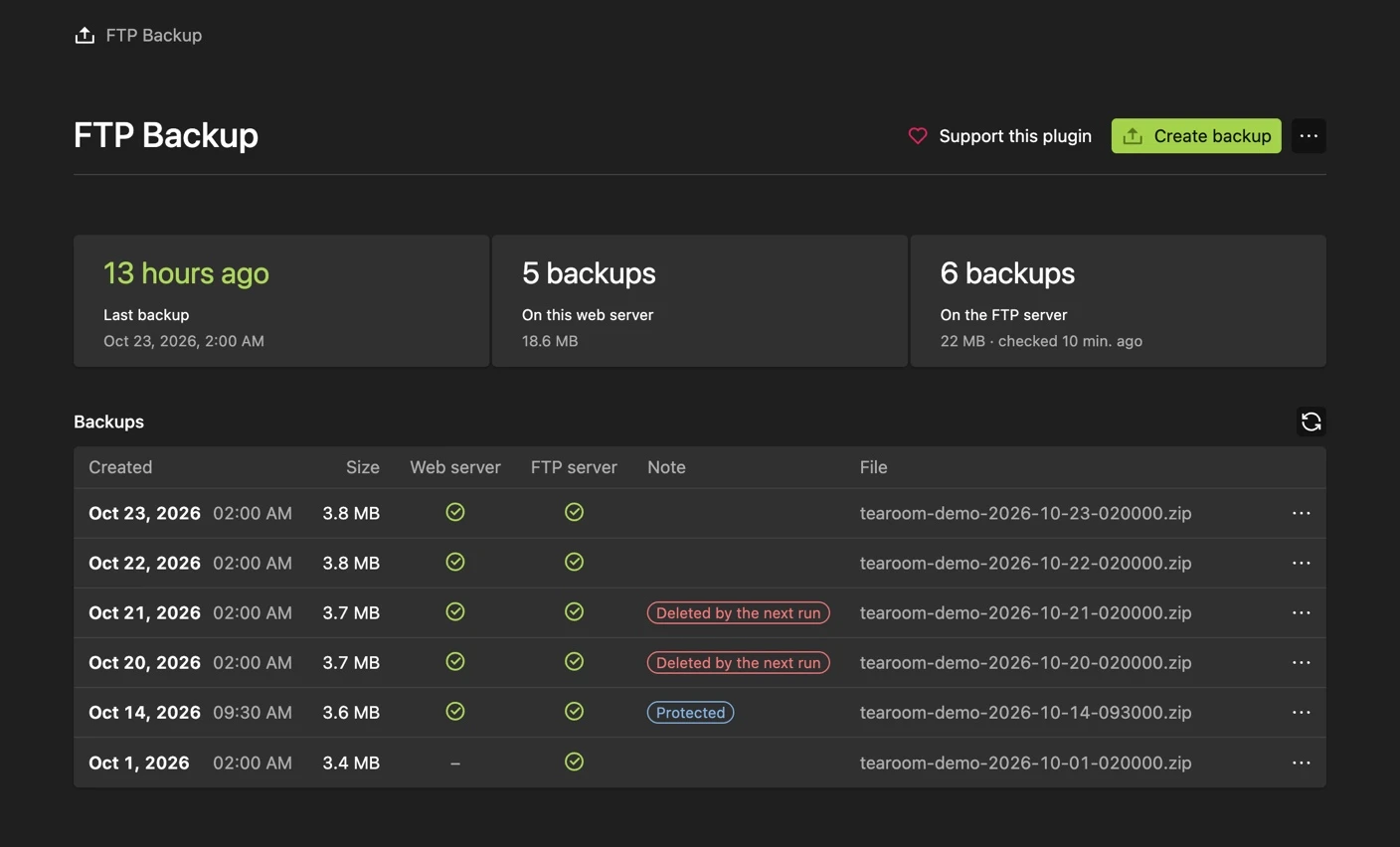 FTP Backup archive overview