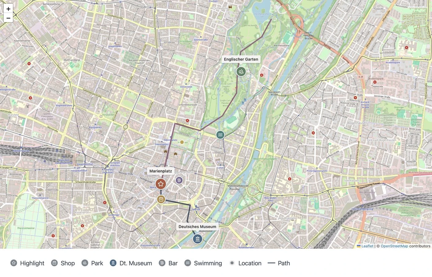 Kirby Leaflet Map mit eigenen Markern, Beschriftungen, einem Pfad und einer Legende in München