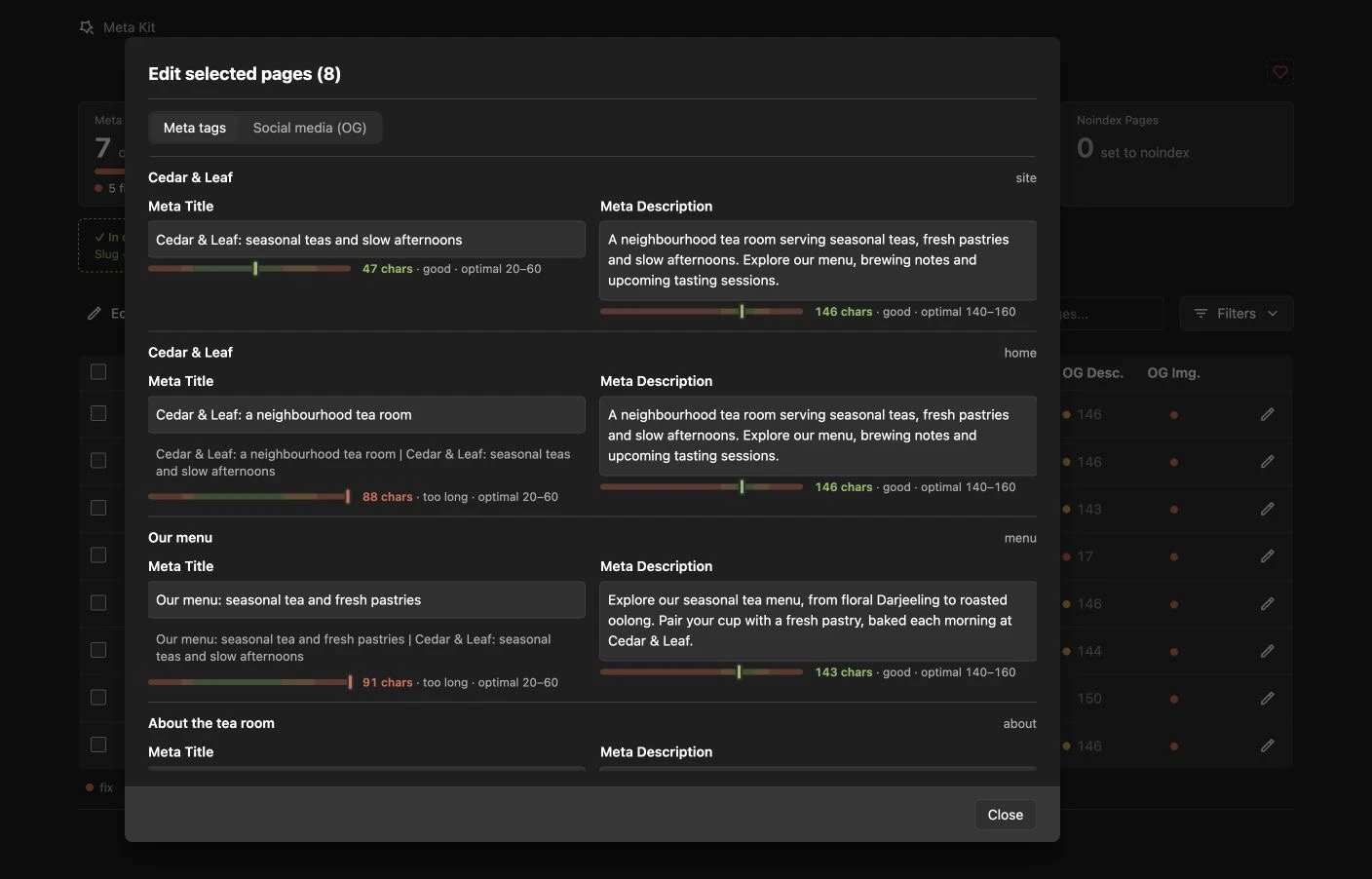 Bulk editing page metadata