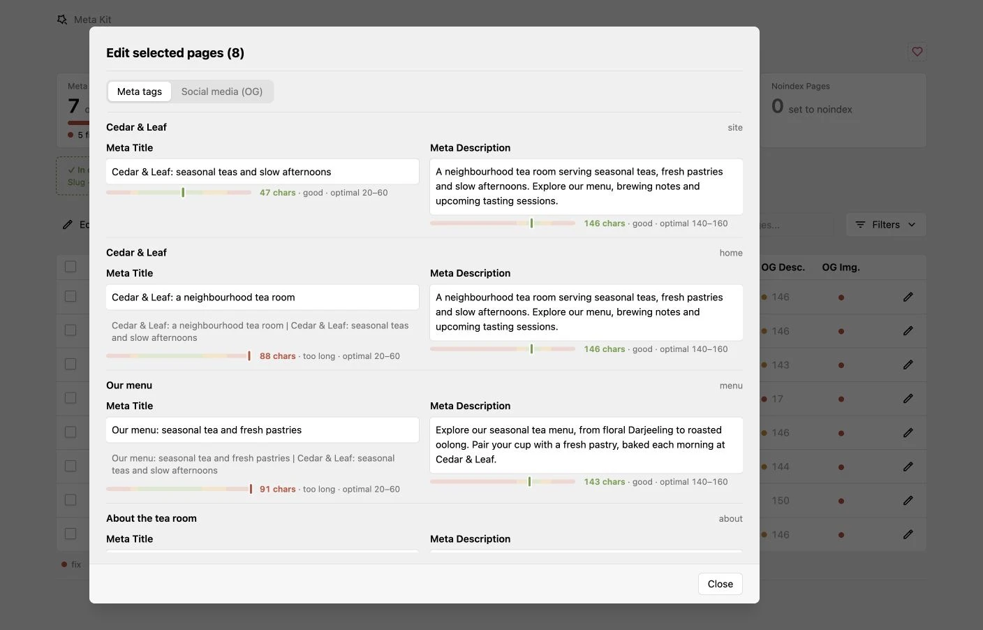 Bulk editing page metadata