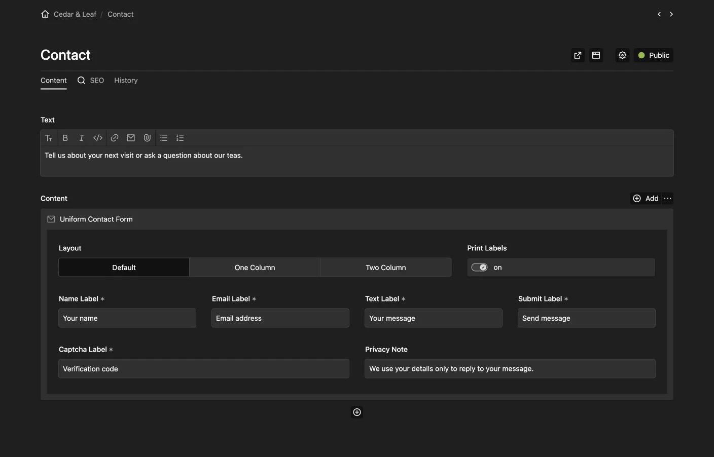 Contact block settings in the Panel