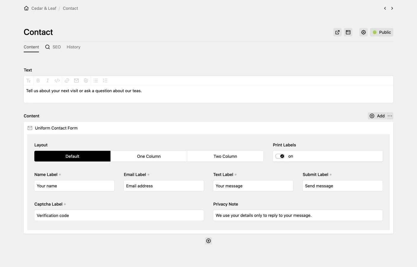 Contact block settings in the Panel