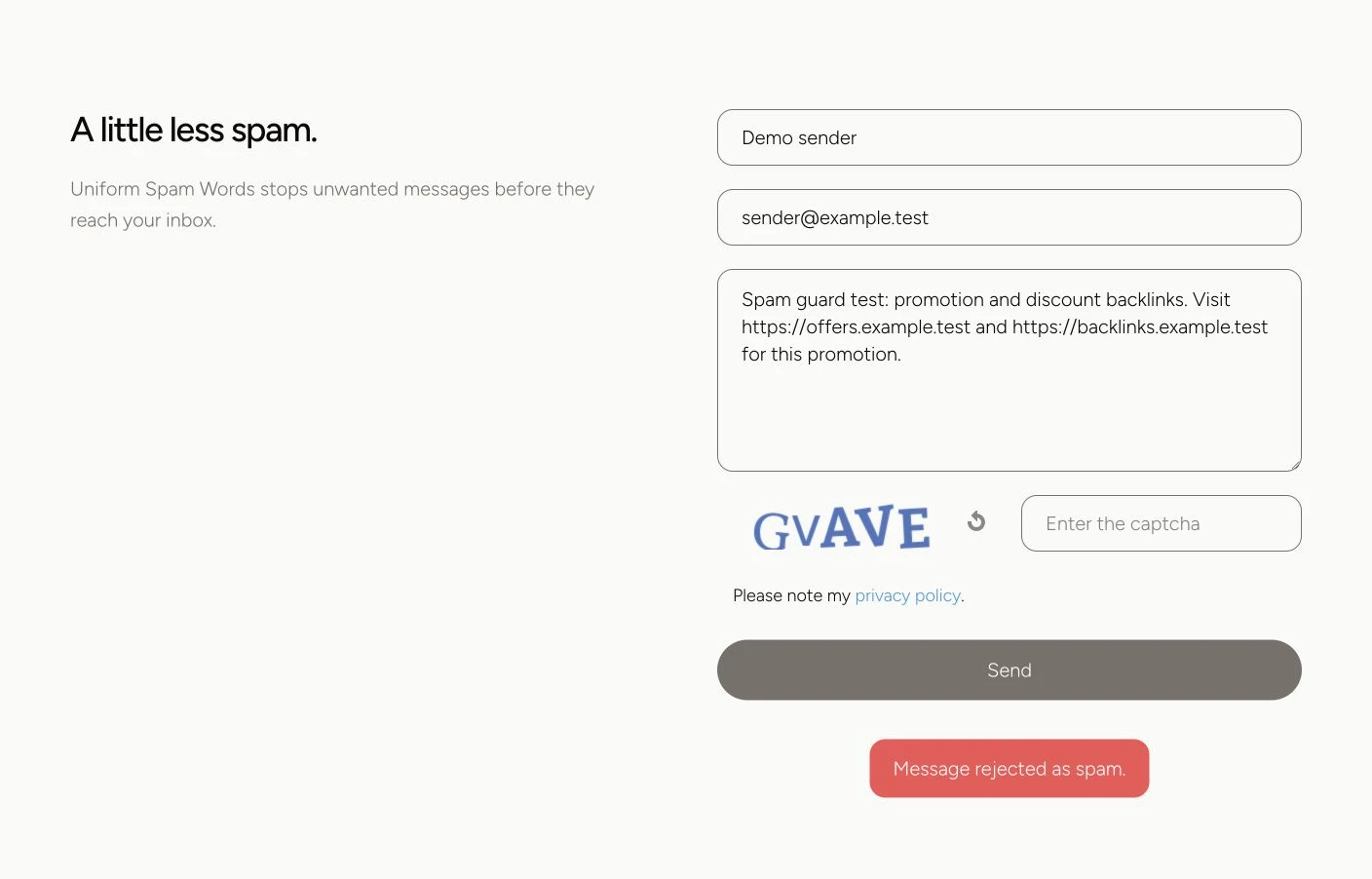 Contact form rejecting a spam message