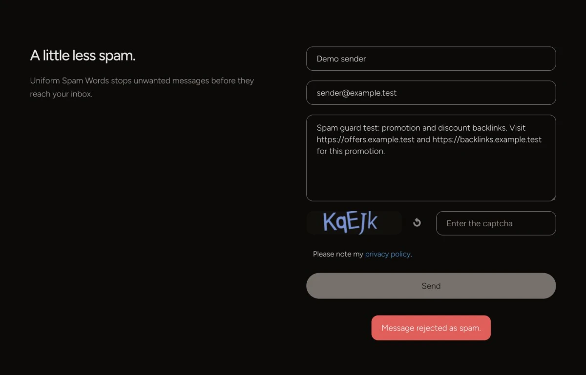 Contact form rejecting a spam message